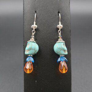 Silver Plated Howlite Stone Carved Skull Dangle Earrings A6989